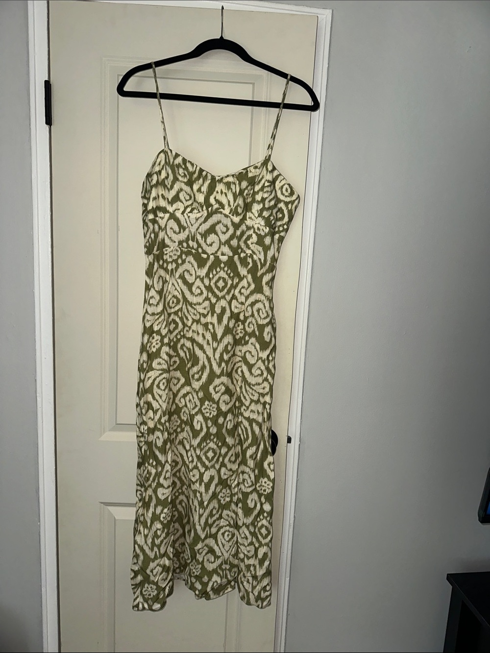 Zara Olive Green and White Ikat Slip Midi Dress